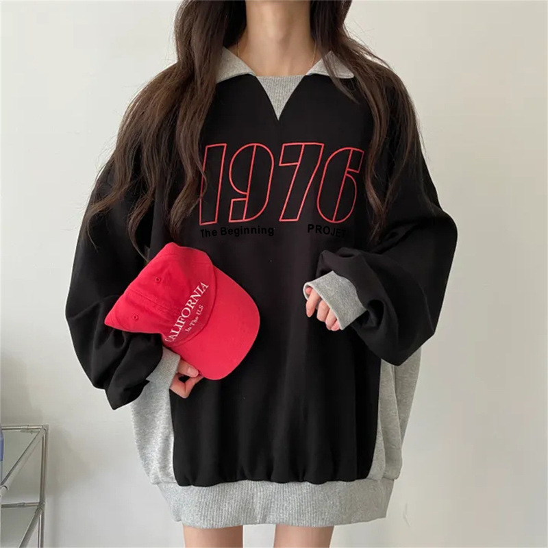Cross-Border Wholesale 3 Colors Loose Niche Lazy Autumn Casual American Style Trendy Brand Women's Fleece Sweatshirt with Color Block Design