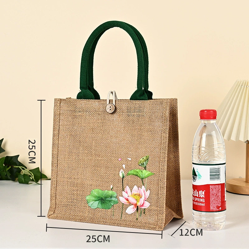 Bolsas de lino en stock, bolsas de compras de yute con botón, bolsas de lino con bordado de loto recubierto, personalizables.