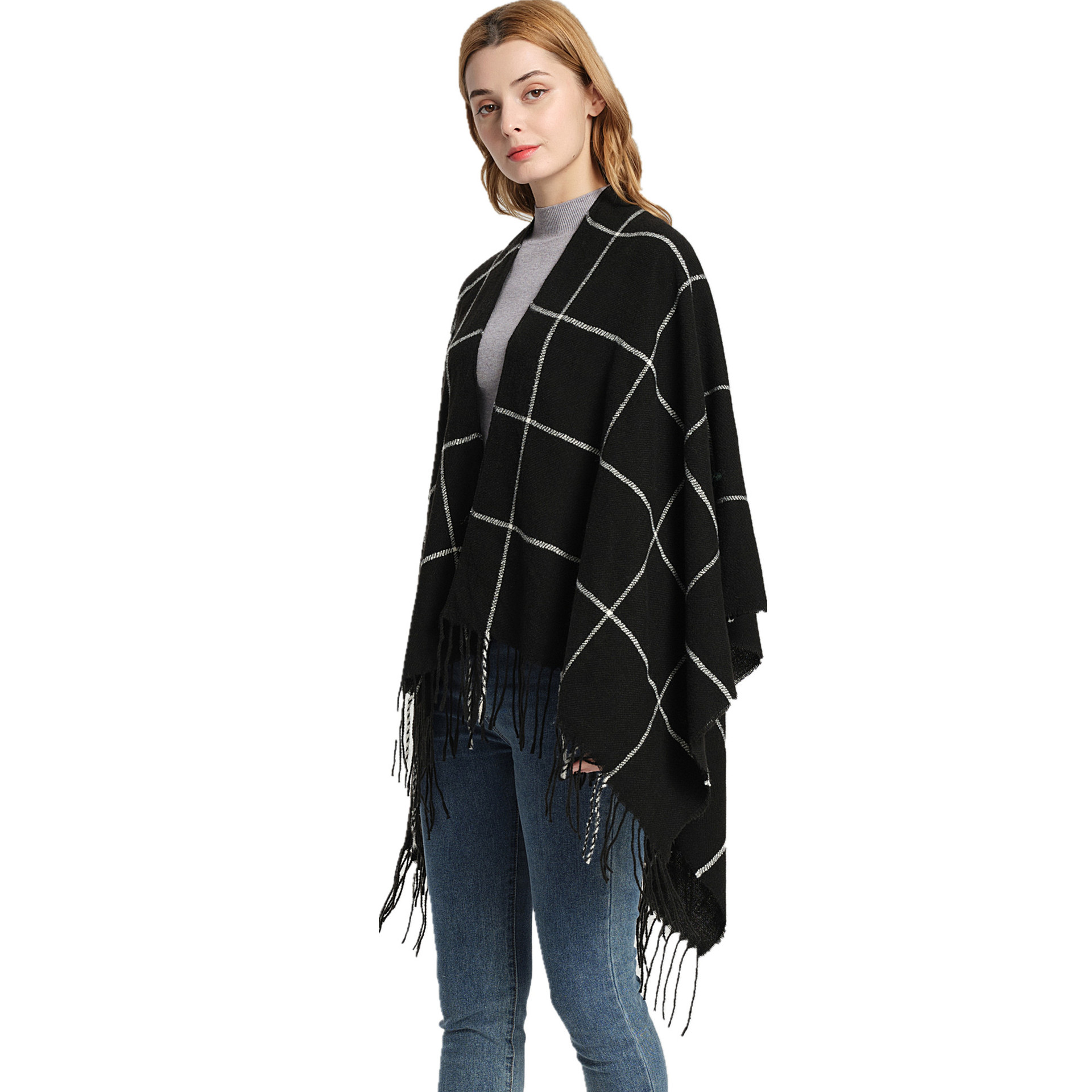 Unisex Cape Spring and winter woven acrylic large plaid tassel split cape_voghion.com