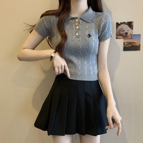 Stylish Sweet and Spicy Summer French Minority Fashion Polo Collar Knit Top Short Sleeve T-Shirt for Women Short Style Slimming Upper Body