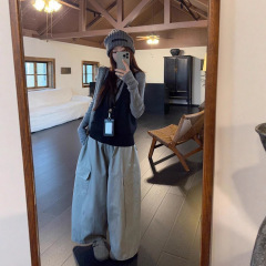 韩系穿搭灰色针织衫挂脖吊带水洗工装休闲裤女2025秋季新款套装潮