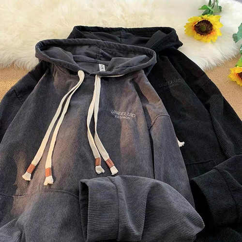 Corduroy Hong Kong Style Unisex Hooded Sweatshirt for Spring and Autumn - New Arrival Embroidered College Style Loose and Versatile Top and Outerwear