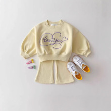 韩国进口婴幼童装女童春装新款刺绣短卫衣喇叭裤套装