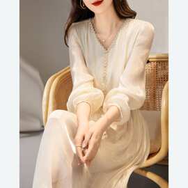 欧洲站优雅流光亮丝伞裙2025年春秋新V领织带花边X型连衣裙女长款