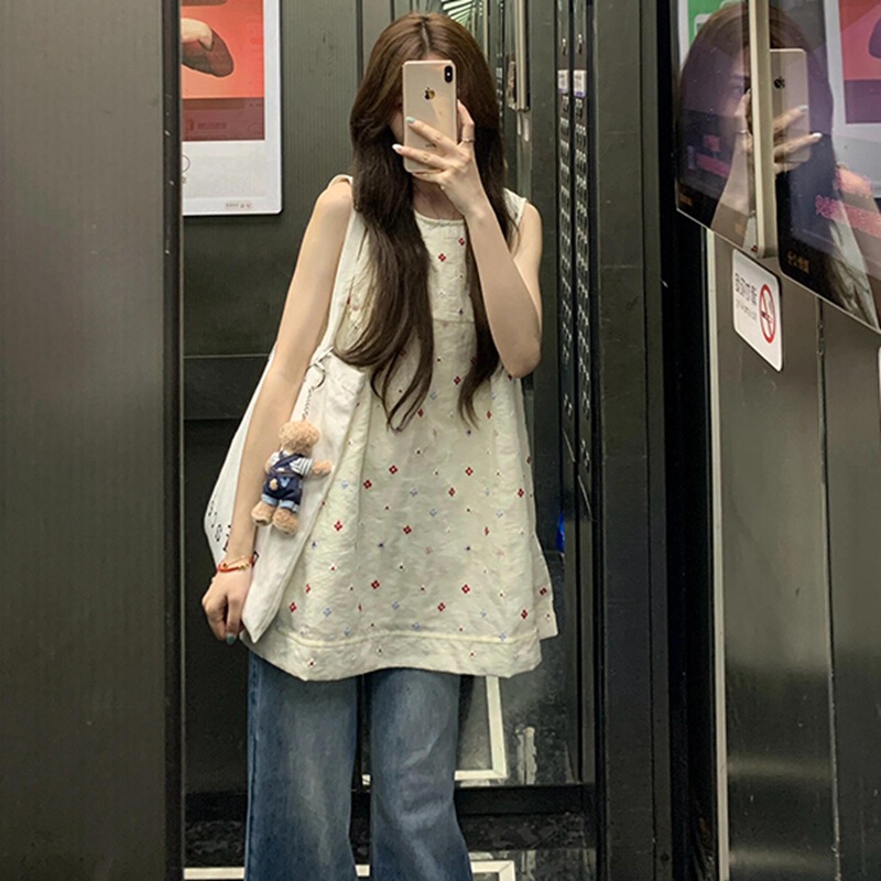 Floral Sleeveless T-Shirt for Women, Summer Design, Niche, Age-Reducing Top, Loose Vest, Babydoll Shirt, Foreign Trade Wholesale