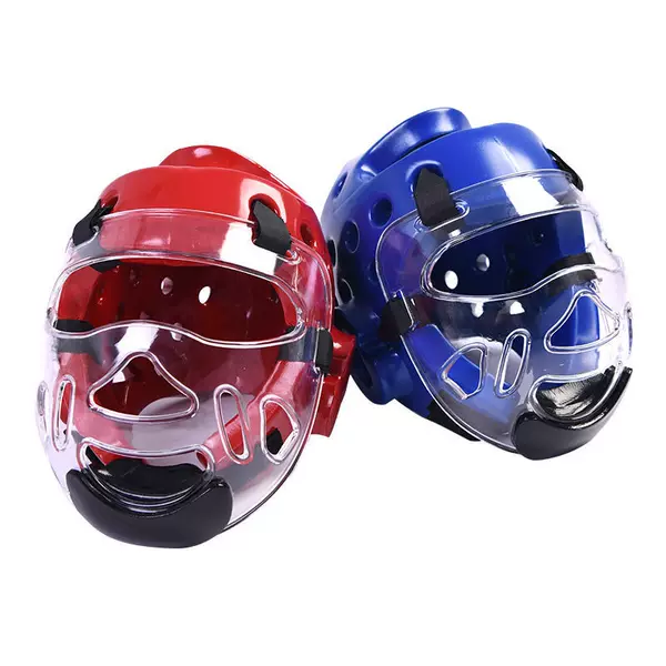 Children's karate headgear, sturdy and detachable, impact-resistant, suitable for practical training and taekwondo, with head and face protection, and a transparent visor