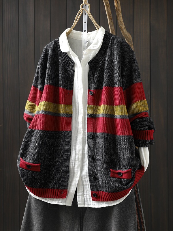 Women's knitted cardigan 2026 new style, striped color-blocking, fashionable and extremely stylish autumn jacket Women's knitted cardigan 2026 new style, striped color-blocking, fashionable and extremely stylish autumn jacket