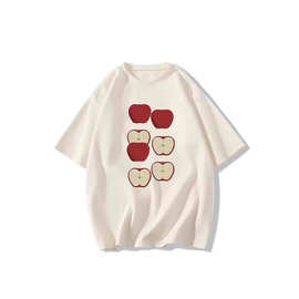 美式重磅纯棉苹果系简约短袖女新款白色水果图案印花t恤宽松上衣