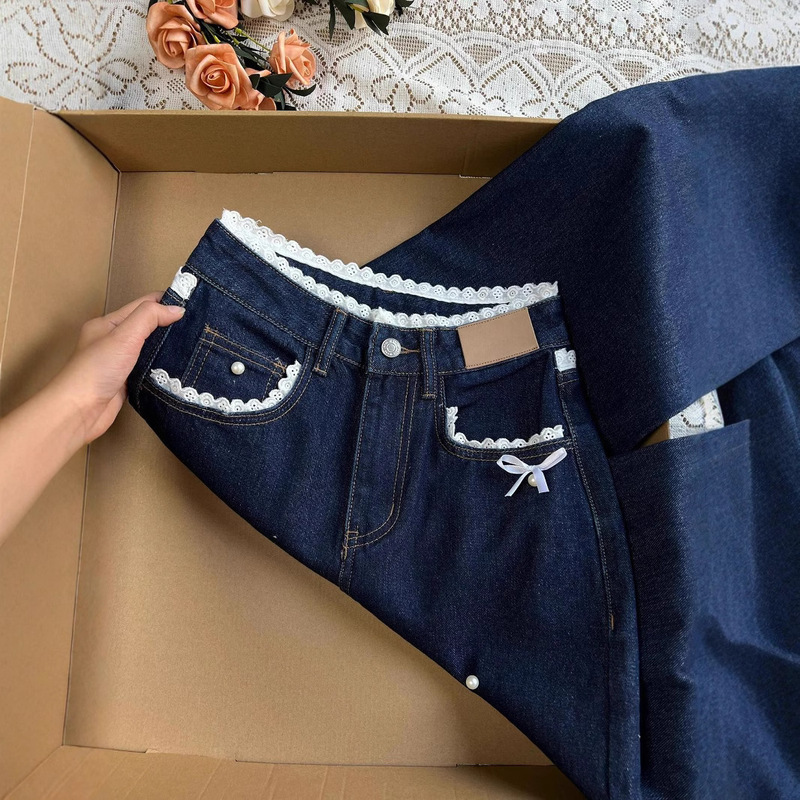 American Style Retro dark blue Lace Jeans Women's Autumn Lace High Waist Straight Loose Trousers