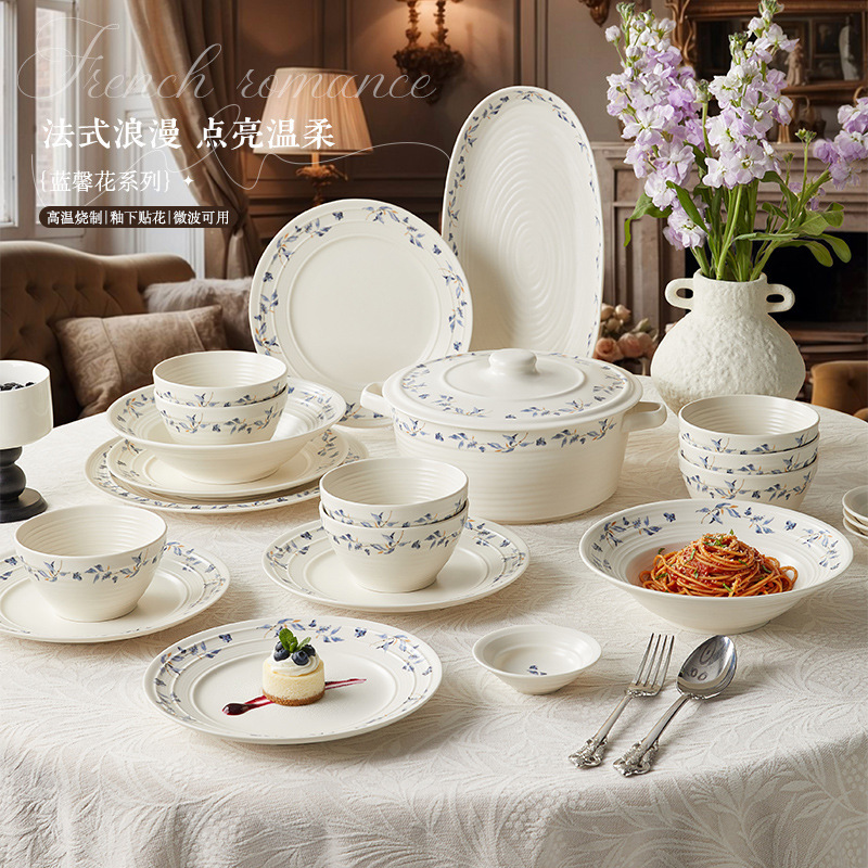 Ready-To-Ship Bowl and Plate Tableware Set, Underglaze Colored Ceramic Bowls and Plates, Household Holiday Gift Bowl and Plate Set, Housewarming Gift