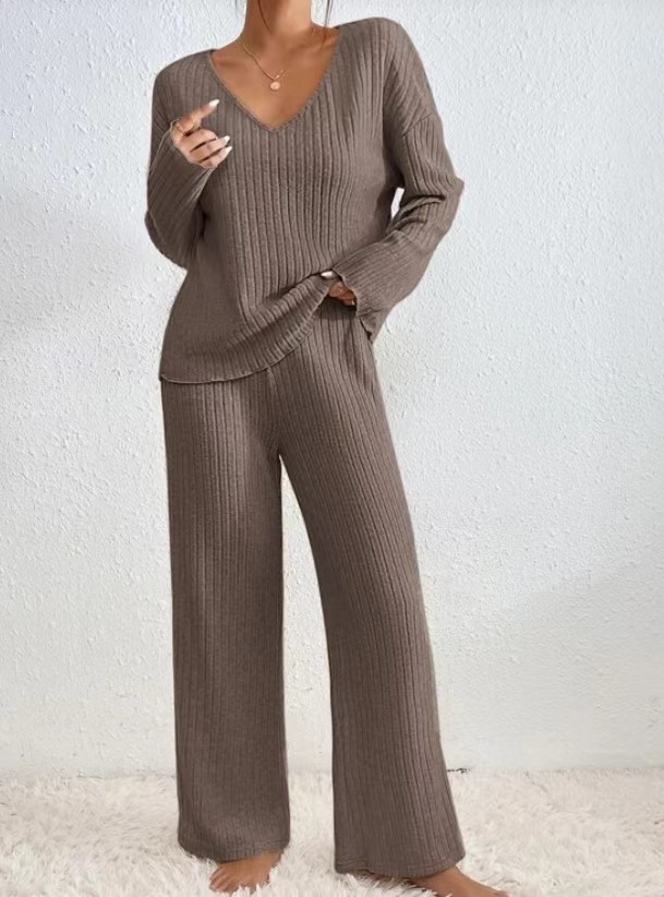 Women's Long Sleeve V-Neck Casual Lounge Set - Soft Brushed Striped Jogger Pants & Top (S-XXL, Autumn/Winter Collection)_voghion.com