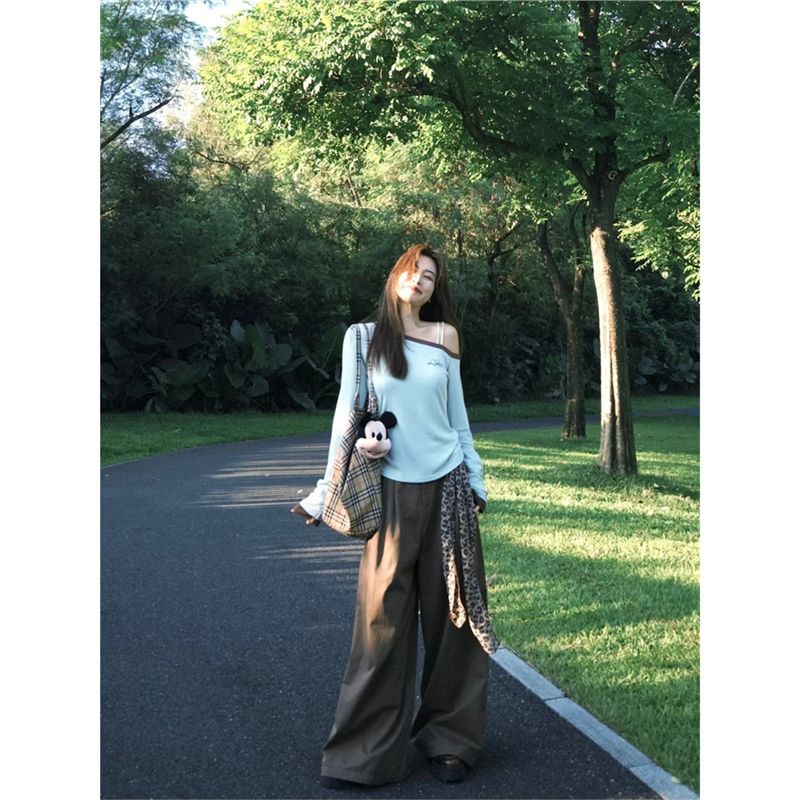 1*1 Modal Korean Style Sexy Style Slanted Collar Off-Shoulder Long-Sleeved T-Shirt for Women Autum Slimming Look Casual Versatile Top