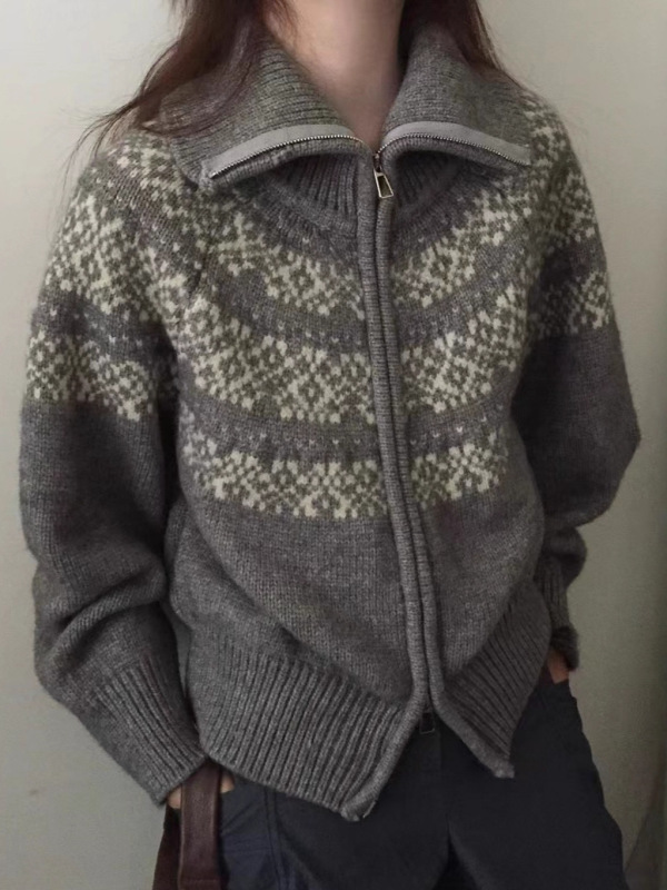 费尔岛提花拉链针织女开衫2025韩版秋冬新款短款毛衣圣诞复古外套|undefined