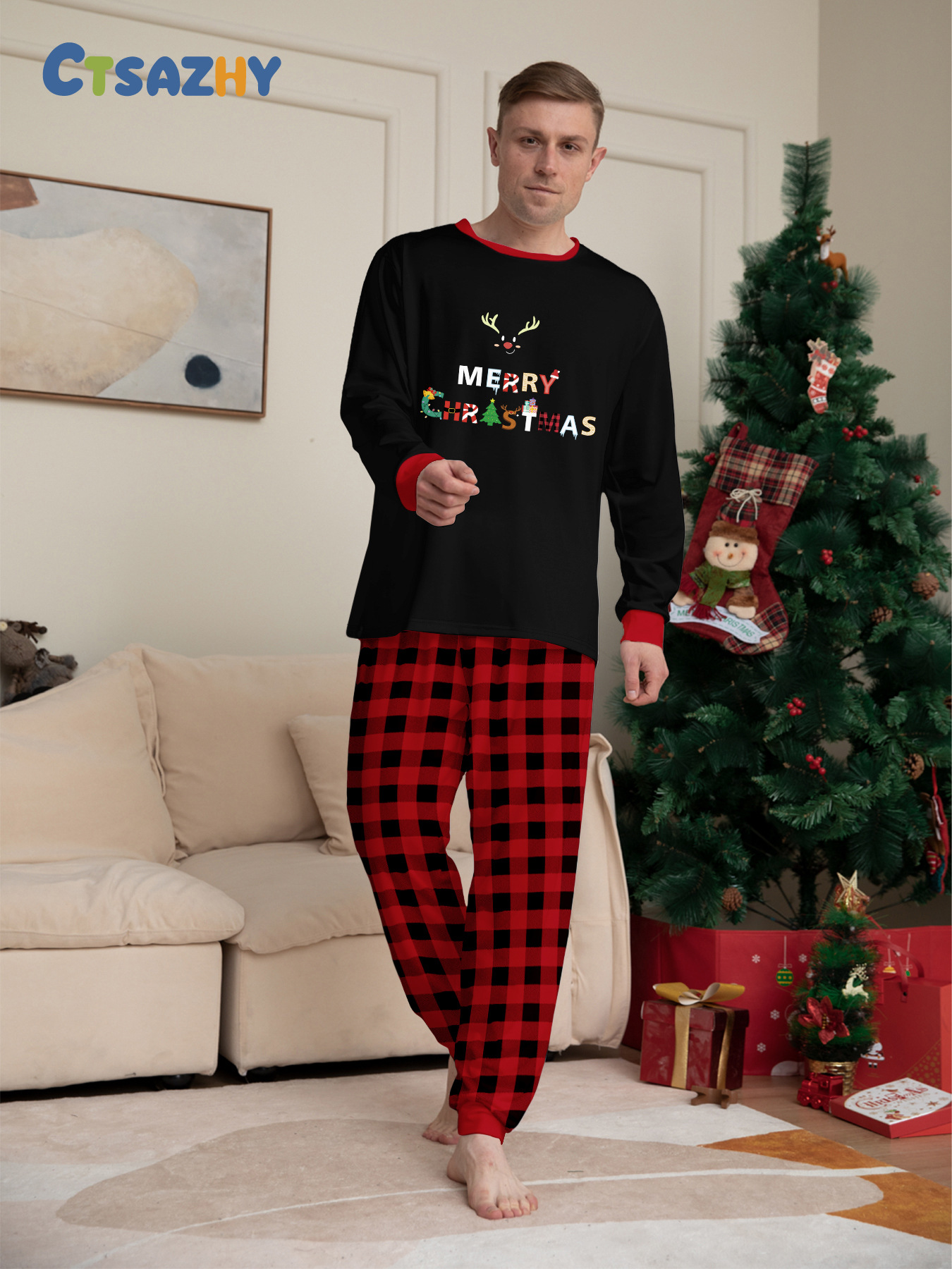 Christmas Christmas deer letter plaid Christmas family print home dress pajamas_voghion.com