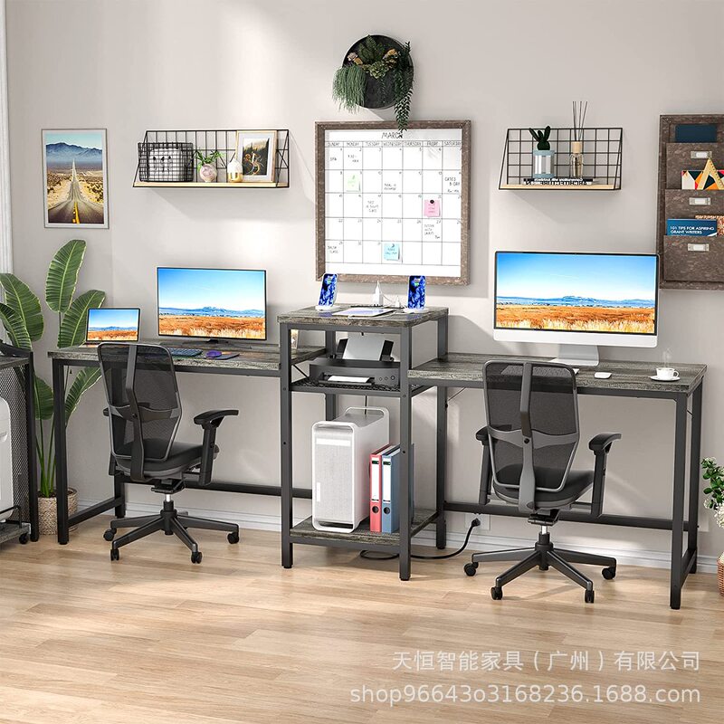 Double Desk Double Computer Desk with Power Outlet and Storage Shelves with Printer Stand Customizable Double Desk Double Computer Desk with Power Outlet and Storage Shelves with Printer Stand Customizable