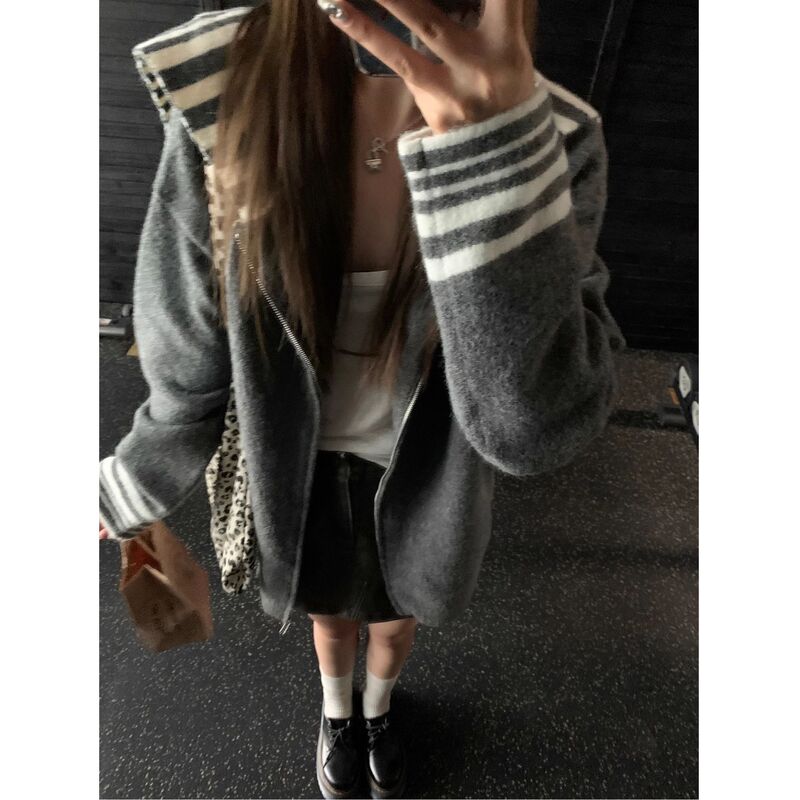 Navy Collar Gray Sweater for Women, Lazy Striped Design Cardigan Jacket, New Autumn and Winter Versatile Loose Knit Top