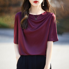 高端日本进口三醋酸短袖女2026新款正肩一字领宽松皱褶宽松上衣