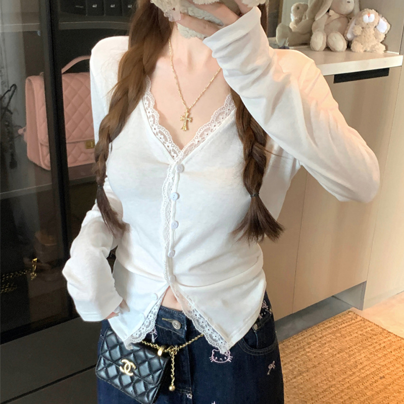 法式少女蕾丝花边软糯开衫女早秋修身V领外套超好看漂亮上衣2025|undefined