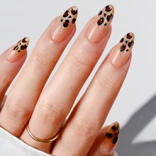 豹纹穿戴甲秋冬杏仁甲闪粉法式边透亮猫眼效果高品质美甲甲片批发