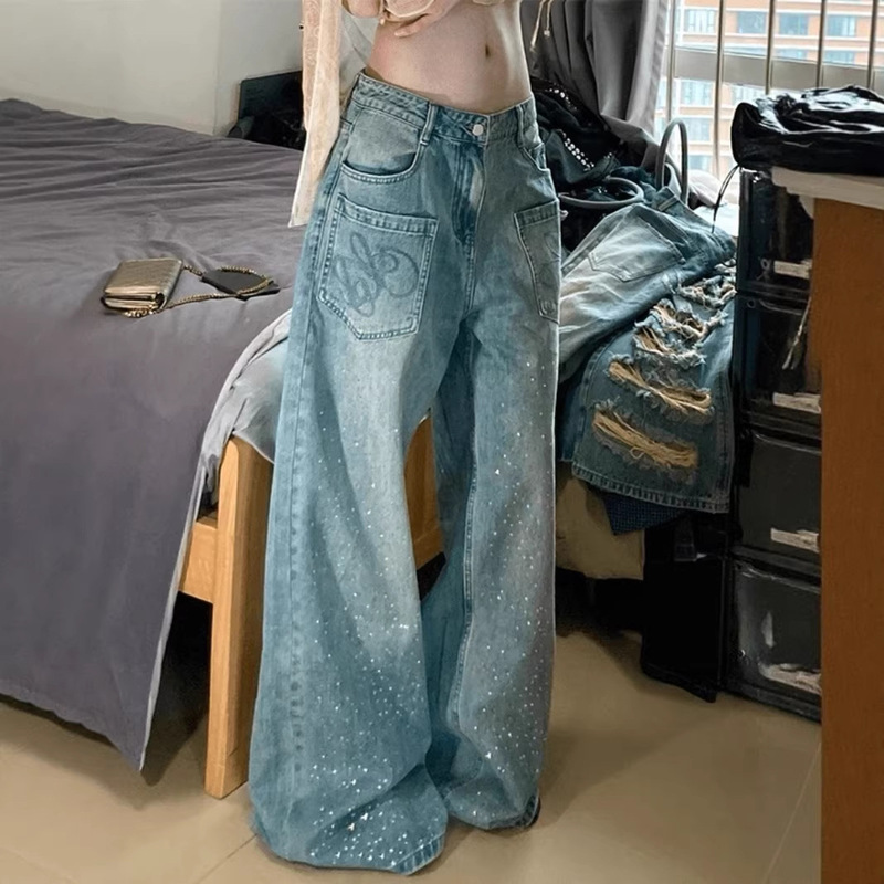 Korean-Style Rhinestone Wide-Leg Jeans for Women, 2026 New Model, Loose Drape, Floor-Length, Slimming Straight Wide-Leg Pants