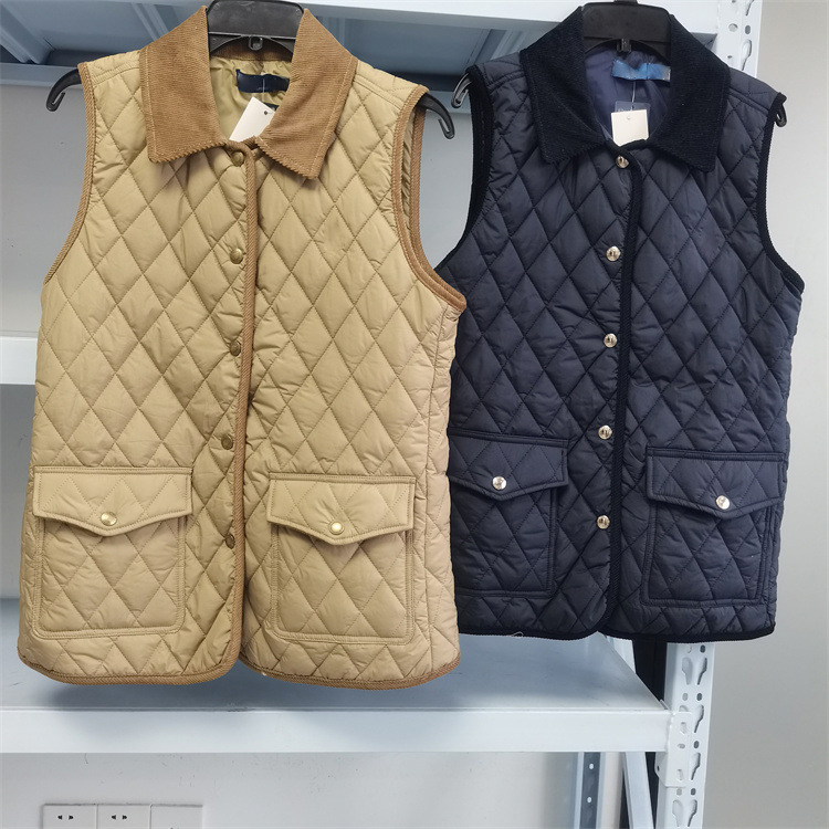 9660女士秋冬新品格子绗线简约小刺绣标灯芯绒翻领设计棉衣马甲|undefined