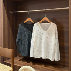 0908-166重工特种纱高品质针织套头纱女马海毛v领上衣早秋