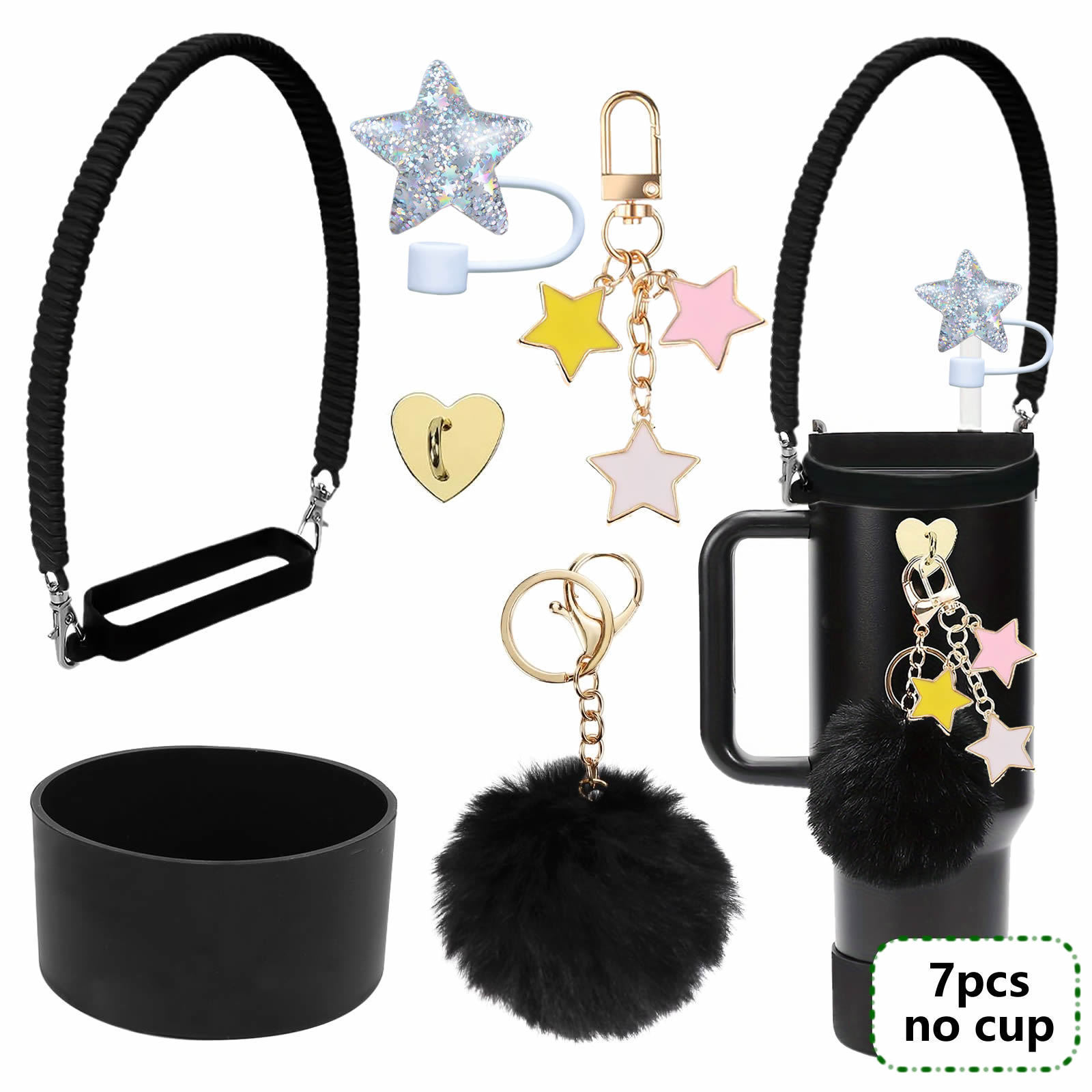 7pcs taza Stanley cuerda de mano colgante de silicona flor tapa de pajita bola de felpa colgante de copa cadena de taza de color