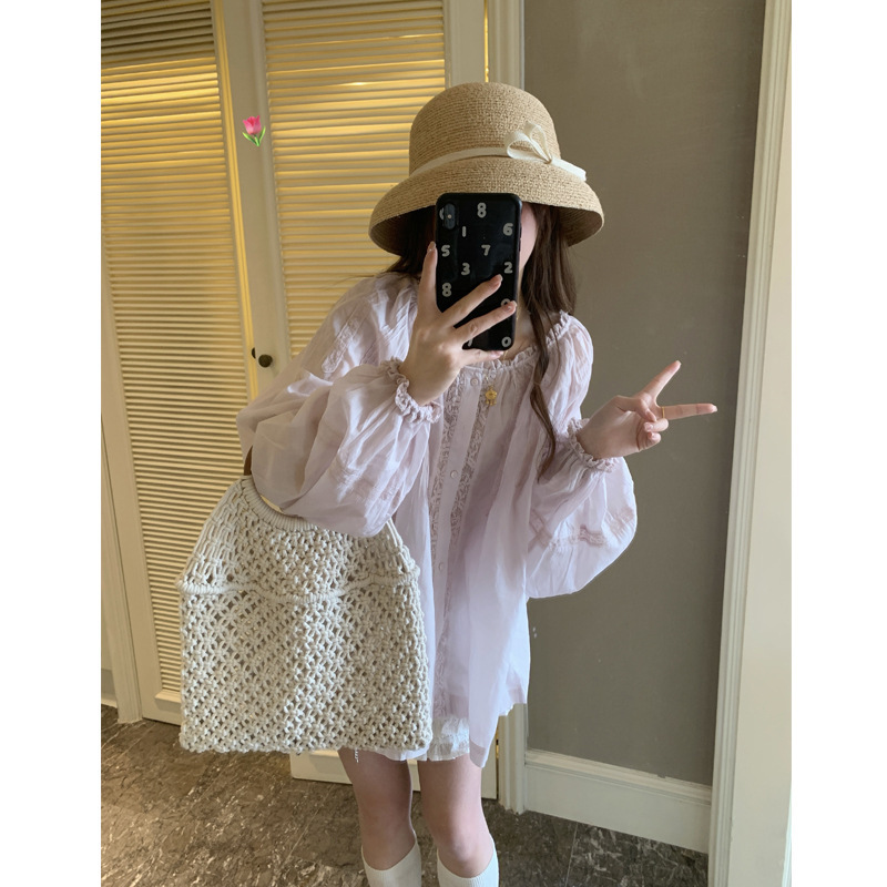 MENGXIANG Romantic Pure Lilac Elegant Design Sense Lace Stitching Long Sleeve Shirt Loose Top for Women