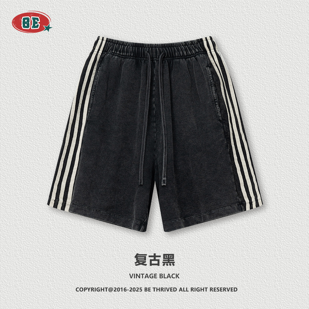 BE Men's Wear 2025 Summer Europa y Estados Unidos marca de moda lavado pantalones cortos casuales sueltos laterales de tres barras de gran tamaño pantalones de cinco puntos hombres