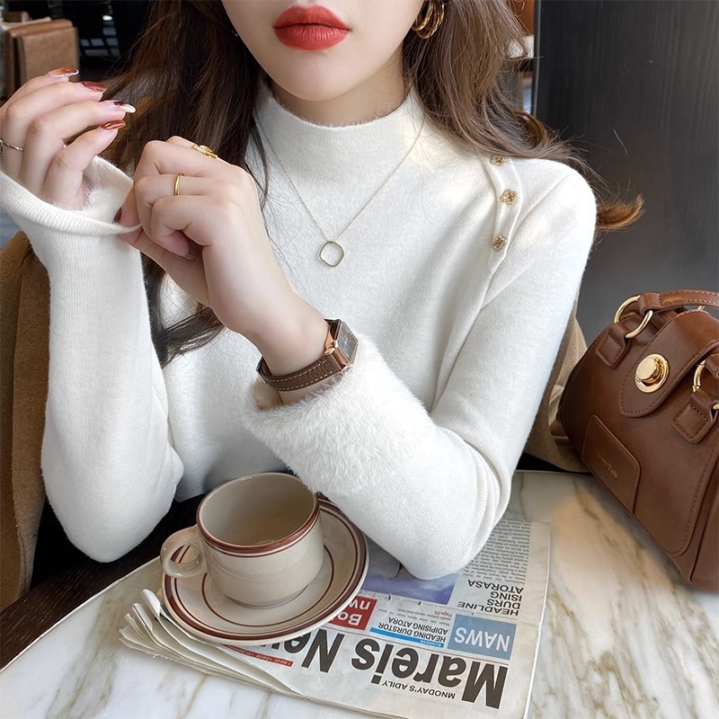 Camisa de fondo de punto de cuello alto para mujer con suéter de terciopelo de una pieza de estilo occidental Otoño e Invierno 2023 nuevo top de alta calidad