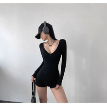 私服外穿瑜伽健身连体短裤修身内搭拉链领2025春秋季长袖上衣辣妹