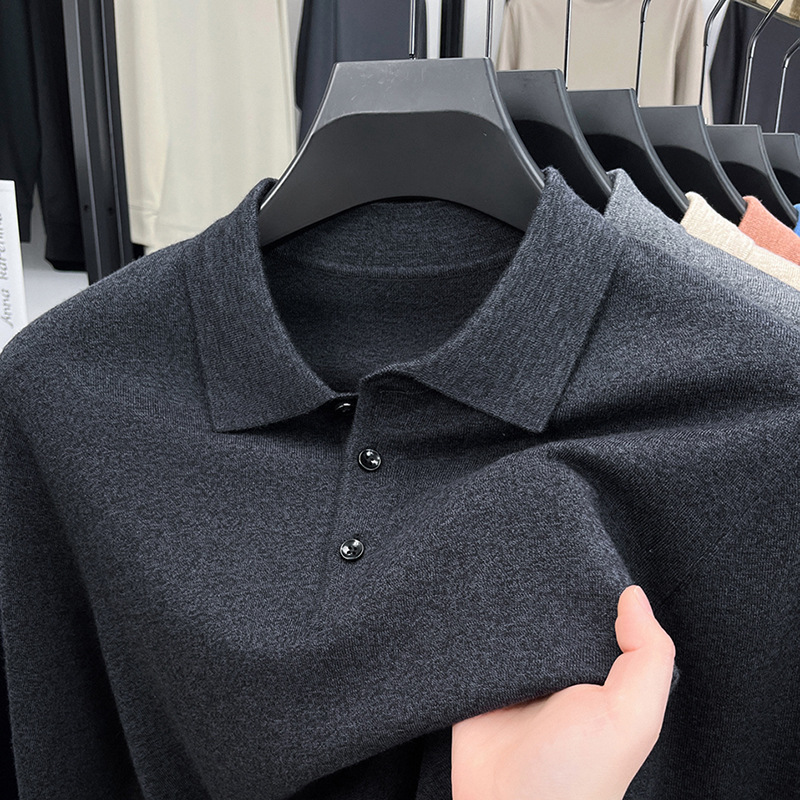 Cross-Border Wholesale Men's Long-Sleeved Knit Sweaters, Spring and Autumn Thin Styles with Wool, Collared Base Shirts for Middle-Aged Men