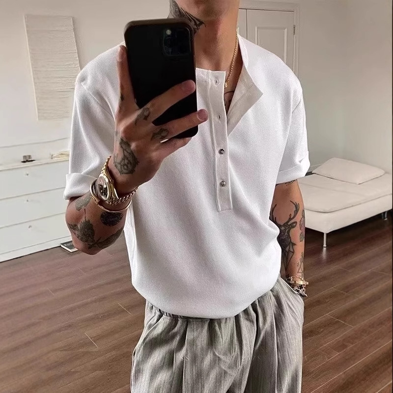 Gray Henry Collar Short-Sleeved Polo Shirt Men's Summer Lazy Style Fitness Sports T-Shirt American Style Muscle-Showing Half-Sleeve Gray Henry Collar Short-Sleeved Polo Shirt Men's Summer Lazy Style Fitness Sports T-Shirt American Style Muscle-Showing Half-Sleeve