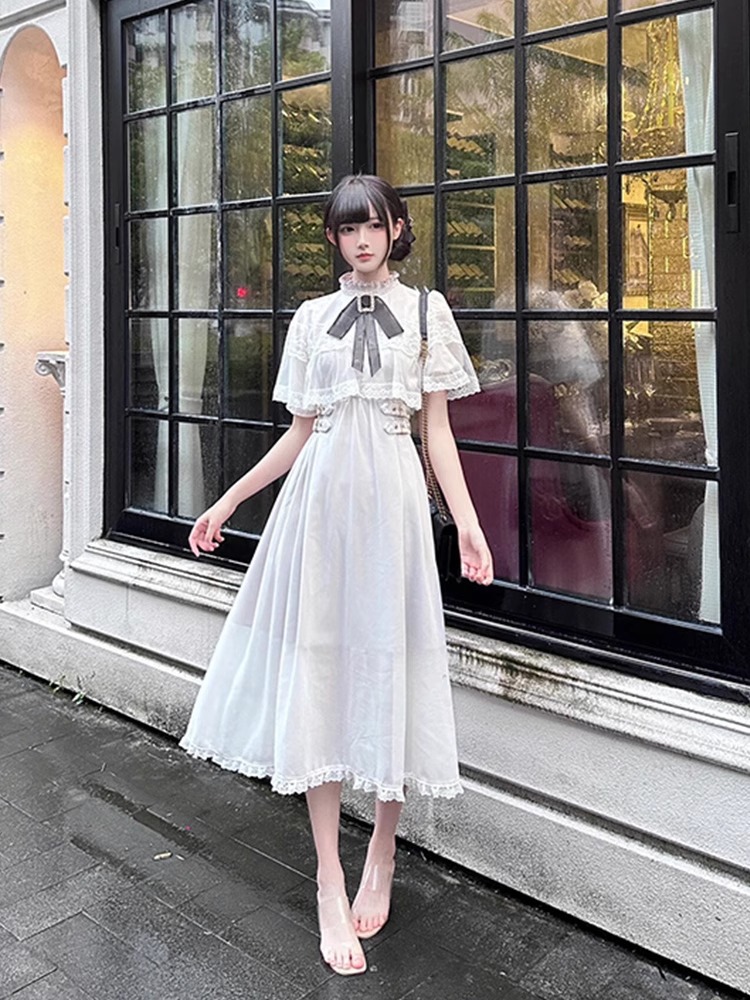 Vestido rojita estilo japonês, manga curta, capa feminina, malha, laço grande, guarnição de renda, elegante, patchwork, vestido longo