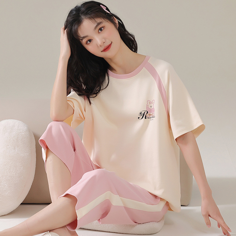 Spring and Summer Cotton Women's Short-sleeved Cropped Pants Pajamas Simple Casual Breathable plus size Girl's Summer Home Clothes