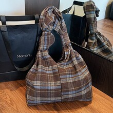 2025秋冬托特包简约格子毛呢单肩包潮韩学院风超大容量腋下包包女