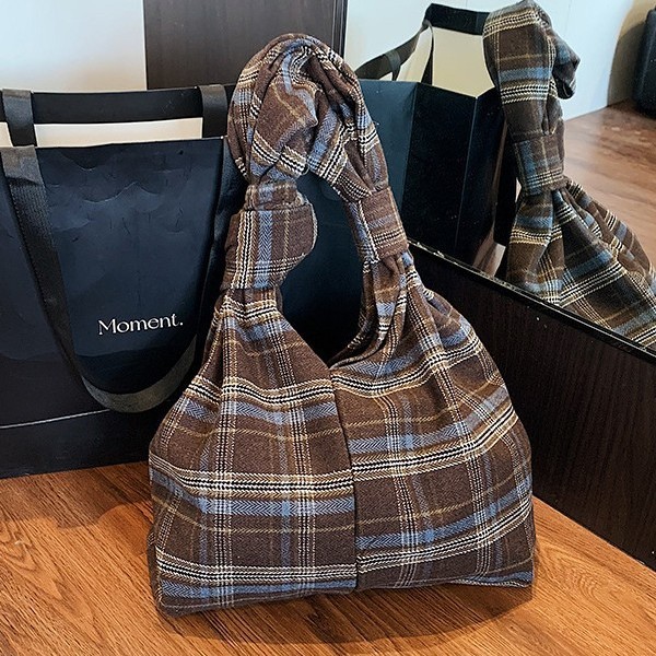 2025秋冬托特包简约格子毛呢单肩包潮韩学院风超大容量腋下包包女