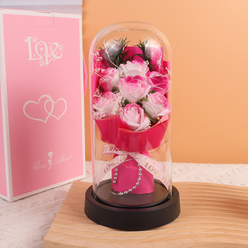 母の日の石鹸の花のバラのガラスカバーの置物のシミュレーションの花の金箔の花の帯の明かりの祝日の贈り物は完成品を送ります。|undefined