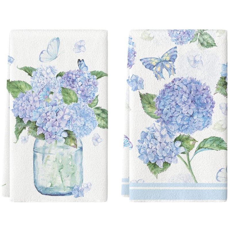 Cross-Border Multifunctional Tea Towel Blue Floral Print Kitchen Towel Dish Towel Absorbent Reusable Gift Towel