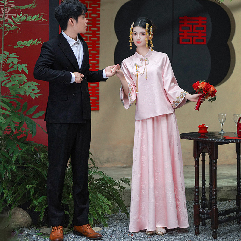 Good Quality Chinese Tang Suit Wedding Festive Jacquard Heavy Embroidery Stand Collar Slanted Lapel Top Retro Skirt Suit Good Quality Chinese Tang Suit Wedding Festive Jacquard Heavy Embroidery Stand Collar Slanted Lapel Top Retro Skirt Suit