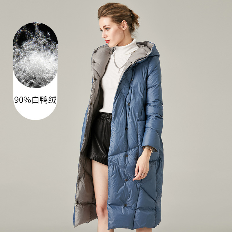 Women's Mid-Length down Jacket 2025 New Autumn and Winter Hooded Thickened Fashionable Loose Cocoon-Shaped Blue Coat Wholesale