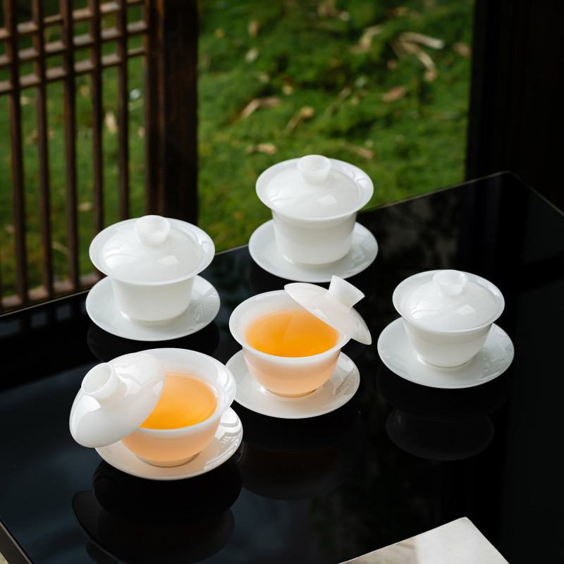 高档冰种璞玉三才盖碗陶瓷单个潮汕功夫茶具泡茶杯白瓷印logo送礼|undefined