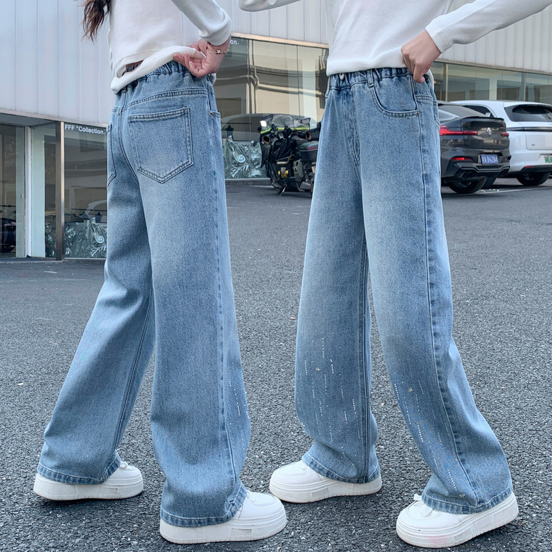 Girls' Pants for Spring and Autumn, Big Girl Jeans, Summer 2026 New Style, Children's Girls' Rhinestone Flare Pants
