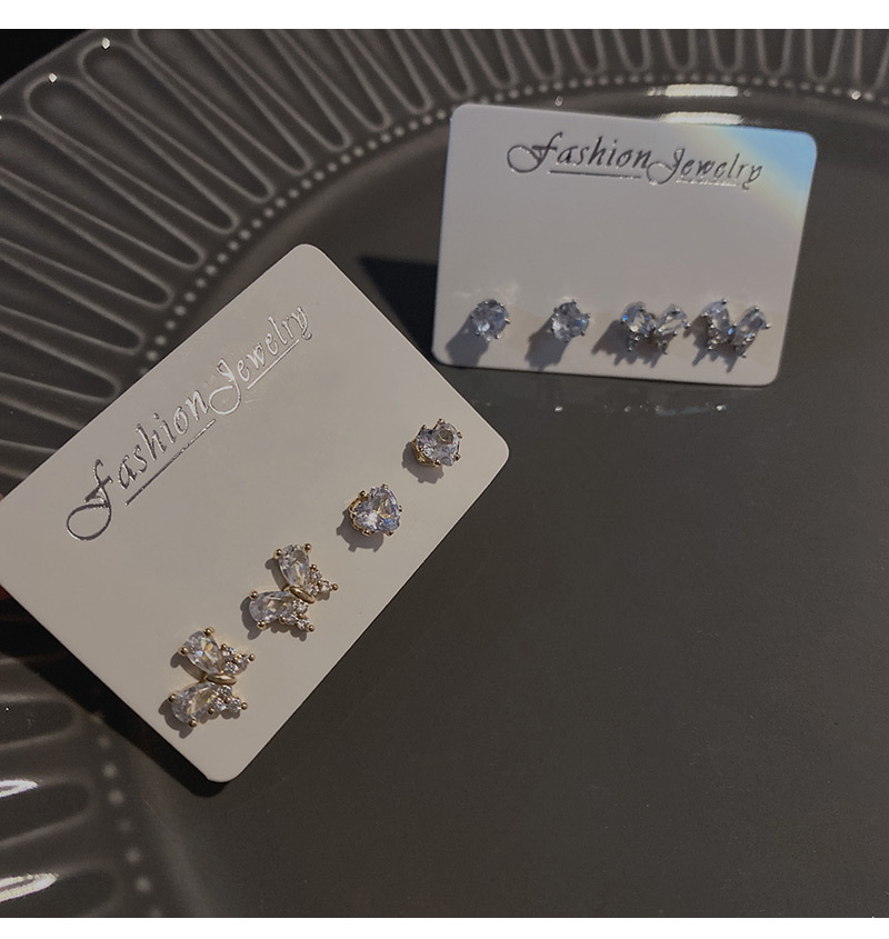 Simple Style Heart Shape Bow Knot Copper Inlay Zircon Ear Studs 4 Piece Set