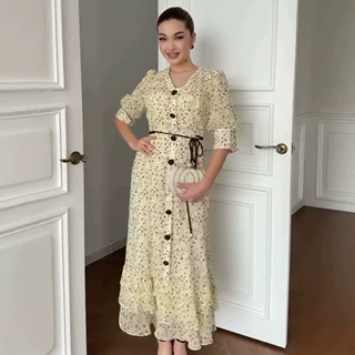跨境欧美2026女春秋新款V领开衫收腰连衣裙显瘦系带中袖碎花长裙