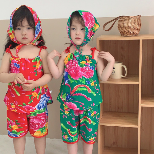 Children's strap set, unisex thin cotton silk vest and shorts two-piece set, popular baby Northeast flower set