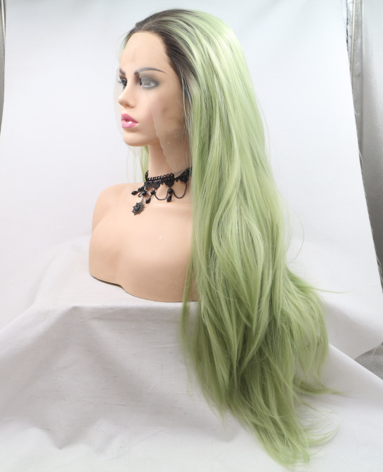 Encaje frontal de fibra química verde Cabello largo y liso Encaje europeo y americano Cabeza larga LW0275