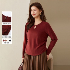 Xianli Shows the niche design of women's clothing, hollow simple commuting versatile T-shirt, Fat mm2024 autumn clothes new style