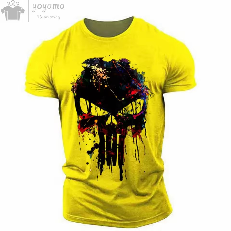 Moda venta caliente tinta calavera graffiti impresión 3D hombres verano calle moda hombro redondo cuello redondo camiseta de manga corta