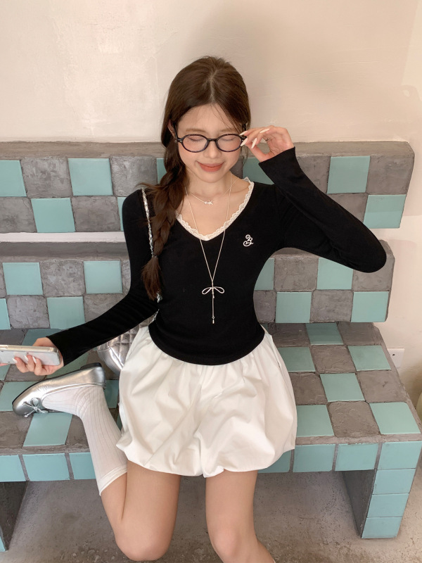 韩系大V领蕾丝花边刺绣打底衫长袖T恤女早秋穿搭修身显瘦内搭上衣|undefined